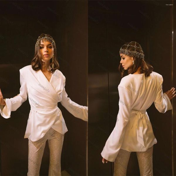 Женские брюки с двумя пьесами мода белая женщина подходит элегантную шаль оекло