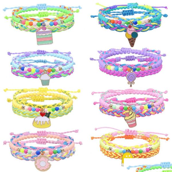 Identificazione tre in una corda di cotone intrecciata mtilayer Sweet Candy Icecream Braccialetti fortunato Bracciale a corda tibetana Braccia fatta a mano J dhnzl