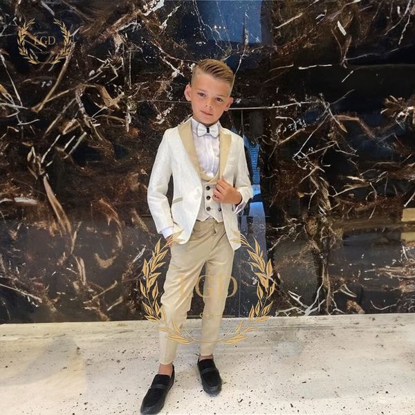 Anzüge exquisite handgefertigte 3 -teilige Jungen Hochzeit Smoking Double Breasted Weste Blazer und Hosen mit floralem Leinwand Design 230815