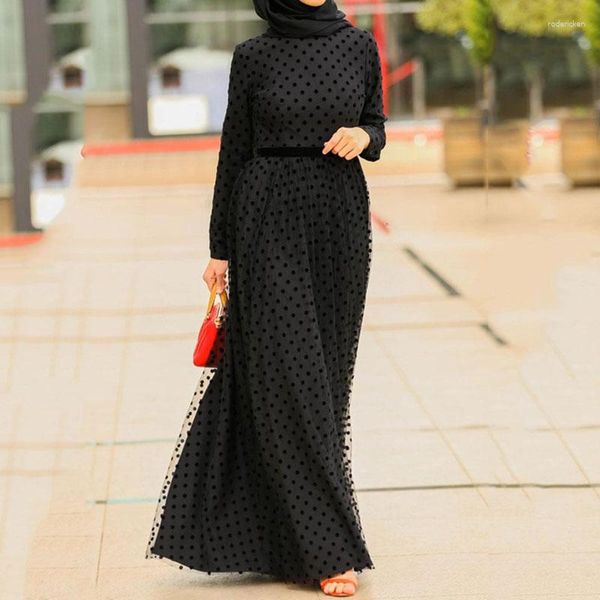 Abbigliamento etnico Abaya Italia Arabia saudita Eid Mubarak Preghiera vestito musulmano donne nere a doppia mesh cintura lunga islamica casual