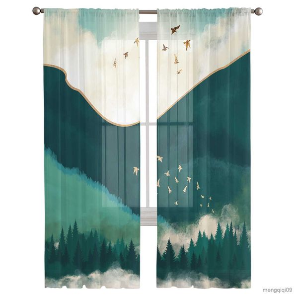 Cortina de paisagem material tinta pura janela cortinas para quarto hall decoração casa tule cortinas para sala estar chiffon