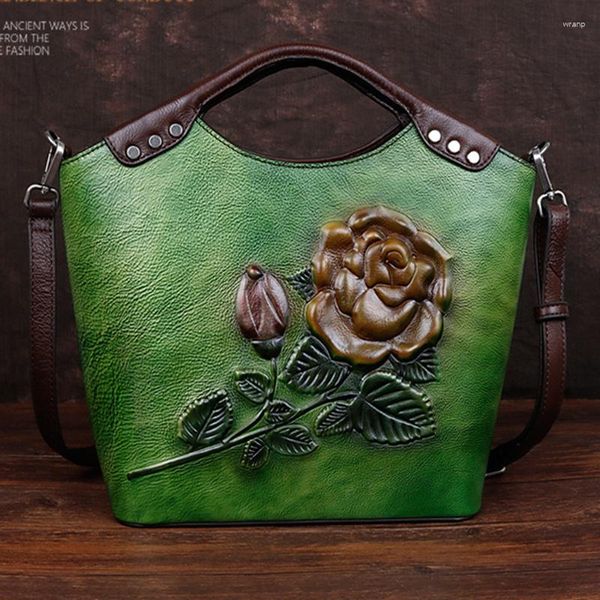 Abendtaschen natürliche Haut Messenger geprägte Tasche Frauen Handtasche hochwertige Vintage Blumen -weibliche Top Griff Schulter echtes Leder