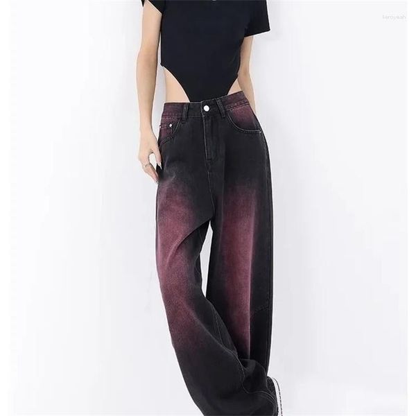 Jeans femininos American Graffiti Wash Water Primavera e outono 2023 Retro Gradiente Design Sense Pontas retas da perna larga larga