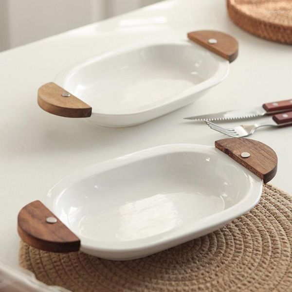 Tigelas tigelas criativas de mesa de cerâmica oval acacia binaural placa de madeira salada doméstico prato tigela de café da manhã