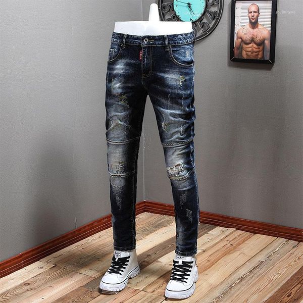 Herren Jeans Streetwear Mode Männer Retro Black Blue Elastic Slim Fit Ripped Spleiß Stickdesigner Hip Hop Hosen Hombre