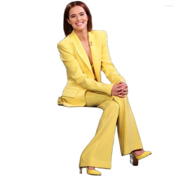 Pantaloni da donna a due pezzi gialli 2 pezzi abiti formali da donna imposta un bottone a scialle femmine con smoking lady streetwear su misura