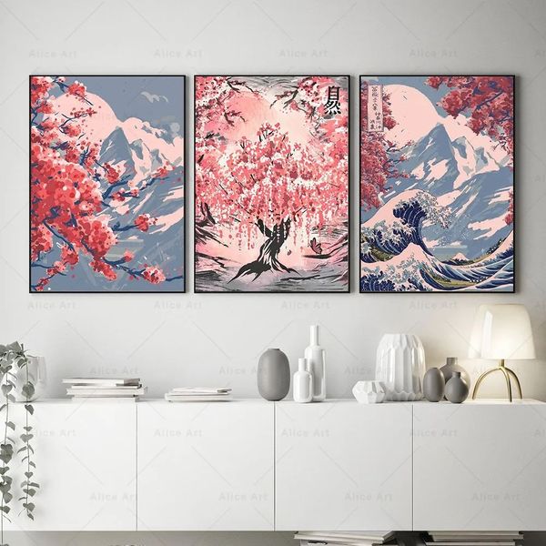 Japon manzara posterleri ve baskıları sakura büyük dalga tuval boyama kanagawa sanat duvar sanat resimleri oturma odası anime yatak odası ev dekor wo6