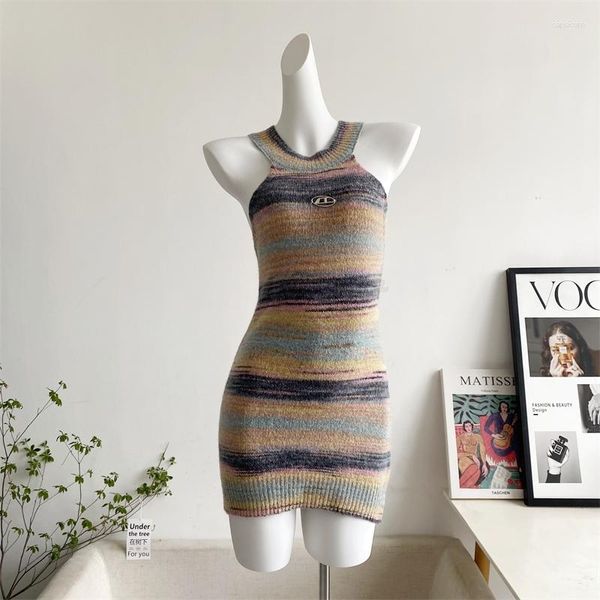 Lässige Kleider Blockfarbe Vintage Striped Neckholder-Hals-Strickkleid Female Sommer Slim Temperament All-Match Hüfte Wrap Long Rock Frauen Urlaub