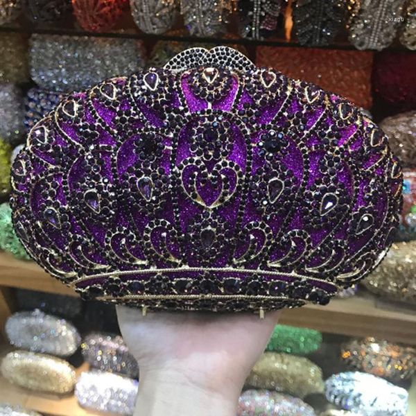 Akşam çantaları mor kutu çanta elmas kadınlar debriyaj kristal parti çanta bayanlar ziyafet rhinestones cüzdan pochette balo