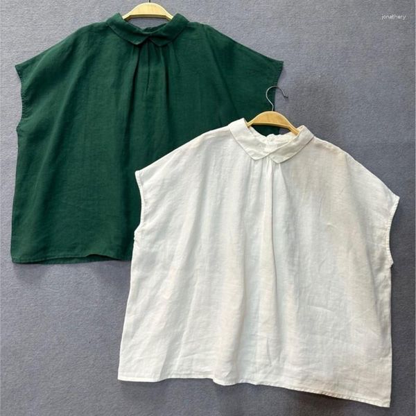 Kadın bluzları johnature japon yaka keten kolsuz gömlekler 2023 yaz gevşek mori çok yönlü renk tek sıra düğmeli üstler