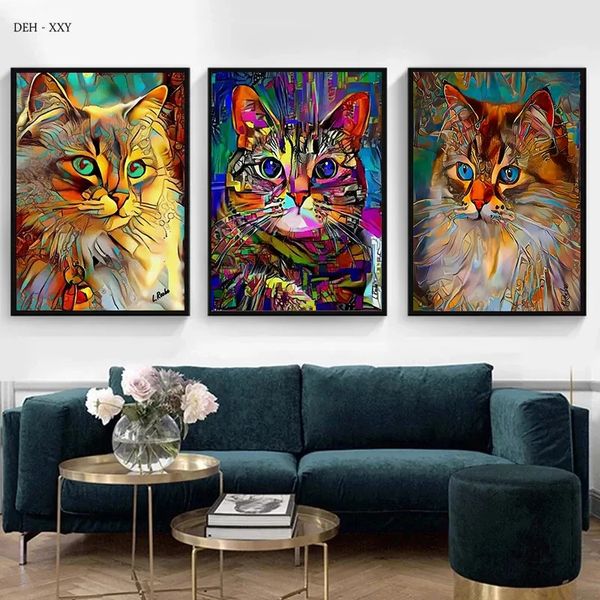 Soyut evcil kediler tuval boyama hayvan kedi posterleri yazdırıyor modern oturma odası için sanat duvar resimleri ev dekor yok wo6