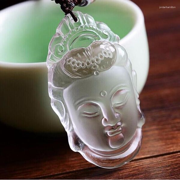Anhänger Halsketten reines natürliches weißes kristallgeschnitztes Guanyin Herren Kopf Buddha Amulett