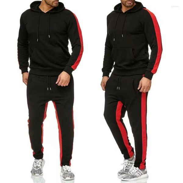 Testros de tracksuits masculinos de cor sólidos outono transfronteiriço e inverno preto com capuz branco de traje de emenda casual de duas peças