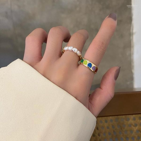 Hochzeitsringe Trendy Multicolor Emaille für Frauen Mädchen süße romantische handgefertigte verstellbare Fingerring Perlen Öffnung Elastizier Set