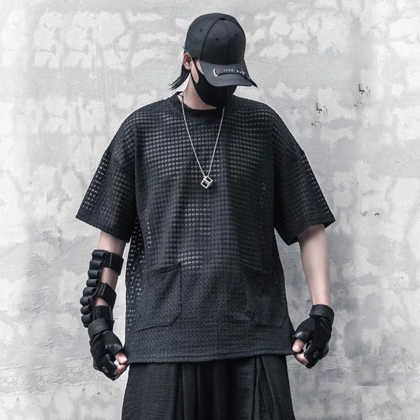 Erkek Tişörtleri Arens Techwear Black T-Shirt Erkekler 2023 Yaz Mesh Kısa Kollu Tshirts Hip Hop Sokak Giyim Pamuk Üstleri Tees