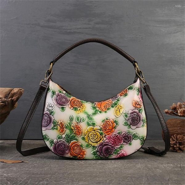 Abendtaschen handgefertigt echte Leder -Crossbody -Tasche für die Schulterblume für Frauen modisch kleiner Platz