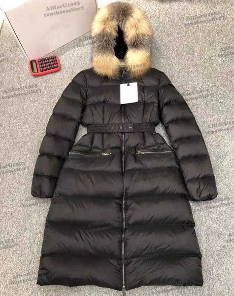 Mon Designer Jaquetas Mulheres Longo Casaco de Inverno Gola de Pele de Raposa Puffer Parkas Longo Com Capuz Jaqueta Pato Branco Para Baixo Quente Fino Jaquetas Pretas Tamanho 1-4