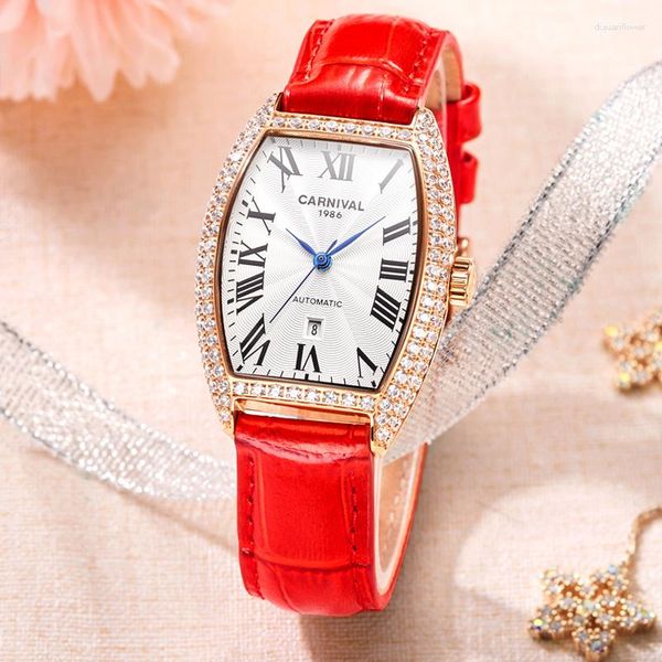 Armbanduhr Karneval Luxury Diamond Watch Mechanical der Frauen mechanischer automatischer Modestil Leder Relogio Feminino