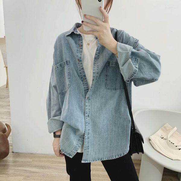 Blusas femininas superaen lavado azul claro camisa longa de jeans feminino solto chique chique casaco de mangas compridas