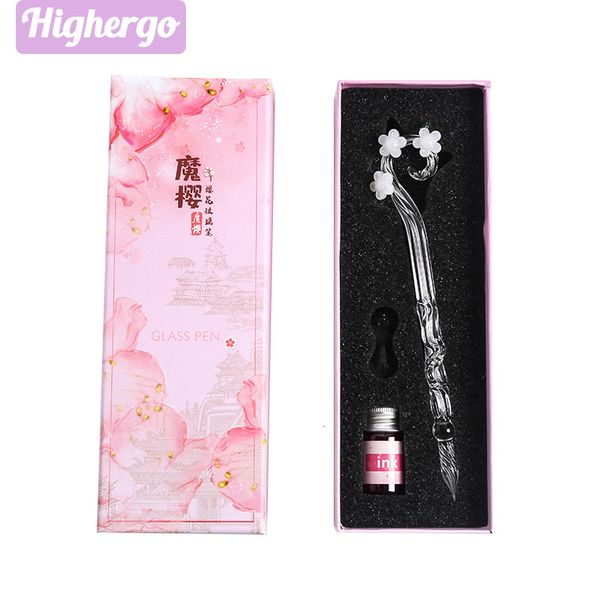 Fountain canetas mais altasgo rosa Sakura Glass Pen Dip Crystal Dip com kits de tinta para meninas presentes de caligrafia escrita de desenho de artigos de arte 230816