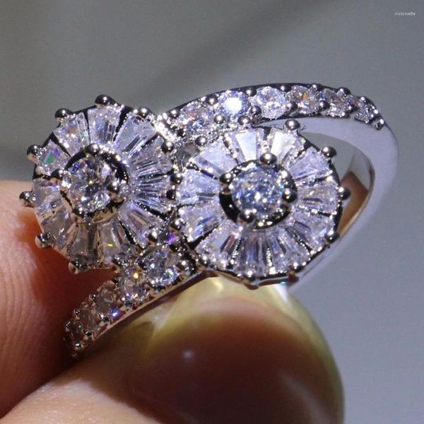 Anéis de cluster Tamanho 6-10 Jóias de luxo 925 prata esterlina Princesa exclusiva Corte 5a Cubic Zirconia Promessa Anel Mulheres Flor de casamento