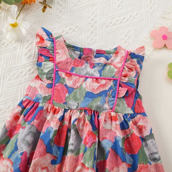 Vestidos da menina bebê meninas vestido de verão manga mosca em torno do pescoço pintura a óleo floral impressão vestido de princesa roupa