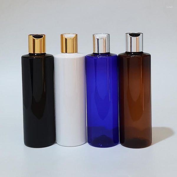 Speicherflaschen 1pcs 250 ml leere Gold Silberscheibenscheibenschreinkappe Kosmetik weiß schwarzer Kunststoffbehälter klarer flüssiger Seife Shampoo