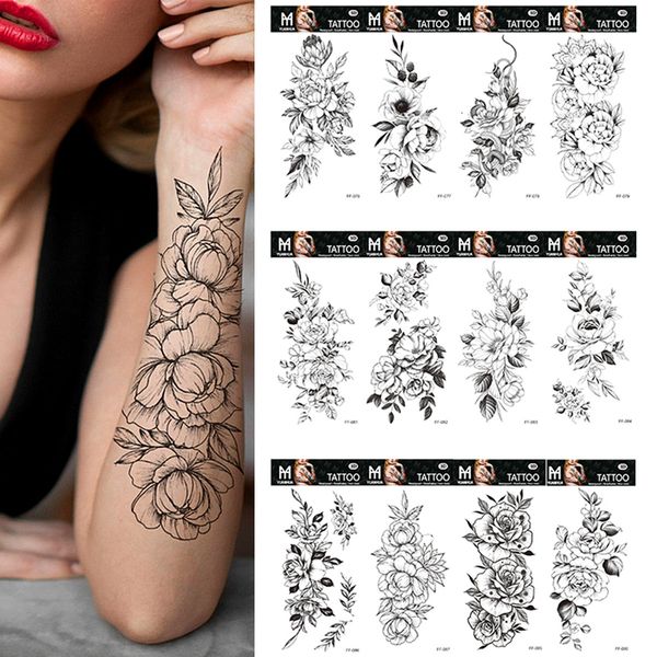 Tatuagens temporárias de 100 peças LOT Black Flor Rosa Adesivo à prova d'água Atacos de cobra letra do corpo Henna Henna Manga falsa 2308017