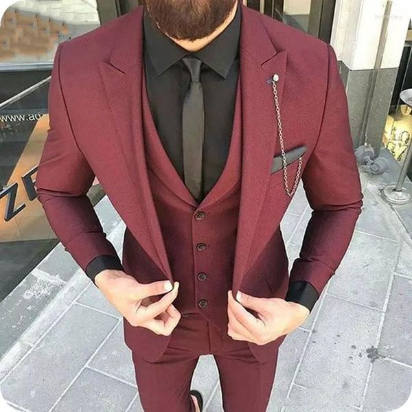 Herrenanzüge Burgunder Männer Slim Fit Wedding Bräutigam Kleidung Tuxedos Peak 3 Stücke (Jacke Hose Weste) Terno Prom Blazer Kostüm Homme