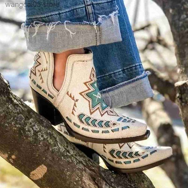 Stivali Dropship Female Western Boots Sole in legno puntato punta slip-on patchwork stivali caviglie bassa caviglia ricamato da donna retrò scarpe da donna t230817