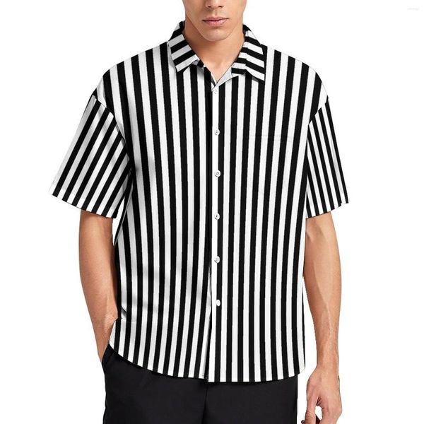 Camicie casual da uomo camicia da spiaggia verticale a strisce verticali in bianco e nero da uomo hawaiano camicette eleganti abiti a manica corta abbigliamento di grandi dimensioni