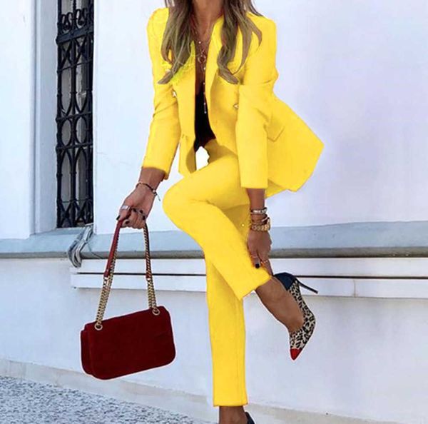 Zweiteiler Casual Anzug Mode Frauen Feste Farbknopf Langarmhosen Ladies Business Women's Blazer