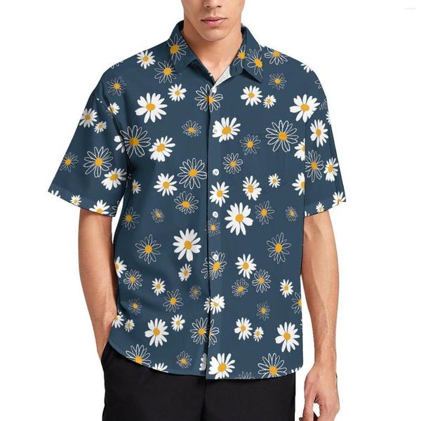 Camisas casuais masculinas Margarida branca estampa de camisa solta de férias de férias de férias de verão Design de verão de mangas curtas de mangas curtas grandes blusas de tamanho grande