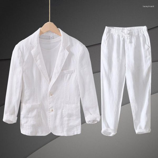 Ternos masculinos Blazer branco para homem de linho de homem mens Spring Autumn Summer Summer casual azul homem 2 peças calça e jaqueta