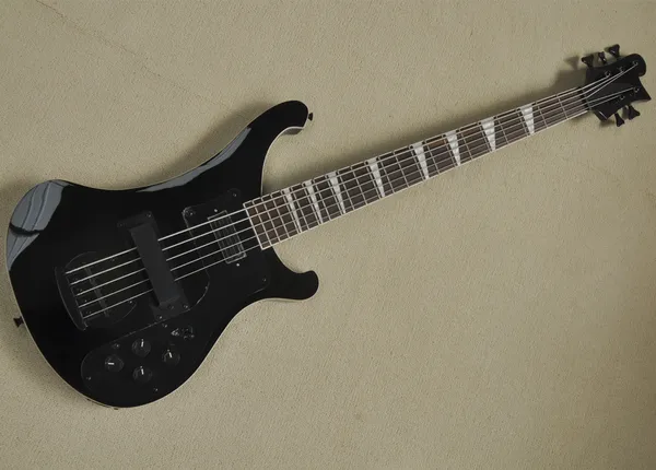 Factory Custom 5 Strings Glossy Black Electric Bass Guitar con intali perlato legati al corpo può essere personalizzato