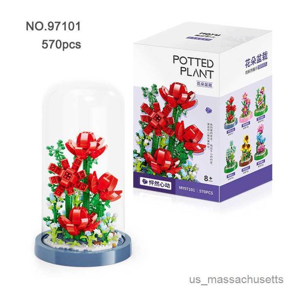 Blöcke kreativer Baustein Blumen DIY Karnation Lily Rose Bouquet Pflanze Topf -Haus Ornamente Kinderspielzeug für Freunde Geschenke R230817