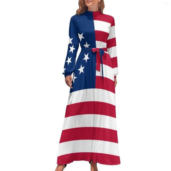 Sıradan elbiseler Amerikan bayrağı elbise uzun kollu Betsy Ross 13 Yıldız ve Stripes Maxi High Neck Street Moda Grafik Bohemya