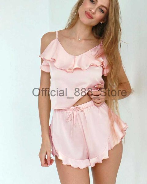 Marthaqiqi Pink Satin Spaghetti Strap Tant Top Nightwear Sexy Slim Nighthear Nachthemd Rüschen Shorts Pyjama Set 2 Stück Frauen x0817