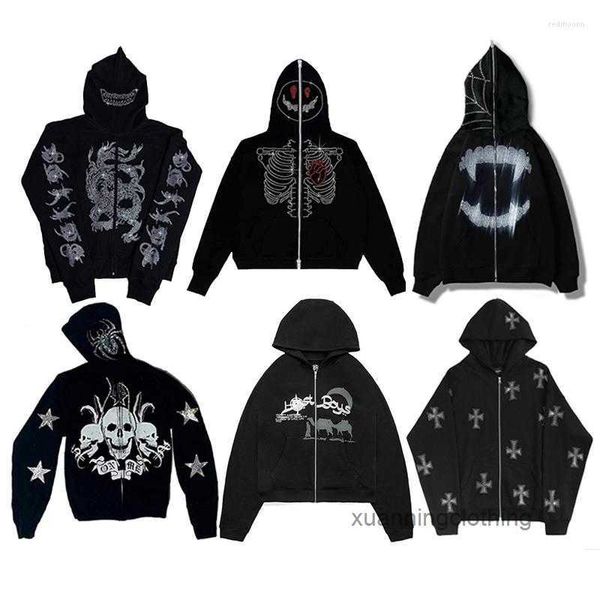 İskelet Hoodie Hoodies Rhinestone Zip Sweatshirtler Serin Kafatası Elmas Fermuarı Siyah Büyük Boyu Sonbahar Kadın Harajuku Kapüşonlu Ceket Sokak Giydi 1hol