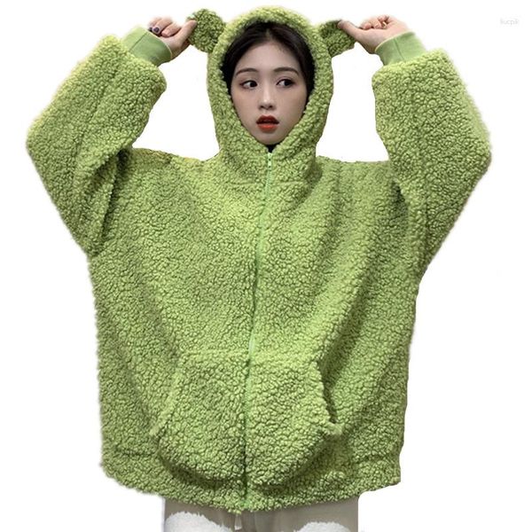 Moletons femininos de pêlo falso de pêlo comprido com capuz de ursinho de pelúcia de pelúcia mole de outono de outono de inverno green bege zip-up molhar kawaii lã