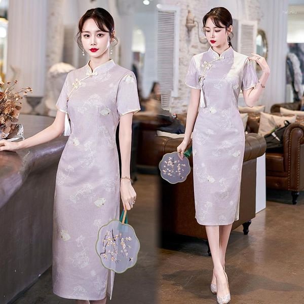 Abbigliamento etnico cinese tradizionale migliorato migliorato cheongsam viola manica corta giovane abbigliamento quotidiano Qipao abito