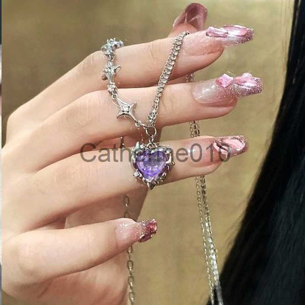 Colar de pendente y2k colar de pingente de cristal roxo Y2K Mulheres doces menina punk Clavicle Chain Moda estética Jóia de jóias Presente 2023 J230817