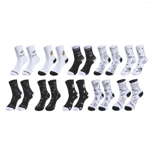 Meias masculinas 10 pares desenho animado tendência fofa de meias femininas preto e branco Tubo esportivo