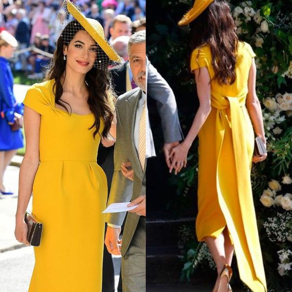 Elegante bainha amarela vestidos mãe comprimento de chá vestidos de festa de casamento formal mangas curtas vestidos de cetim vintage para mulheres 2023