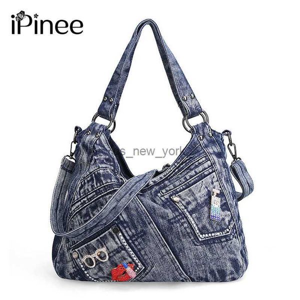 Hobo Ipinee Модная женская джинсовая сумка Blue Jean Cormes Vintage Smids с Shine Seadings Окрашивание и вышивкой для губ HKD230817