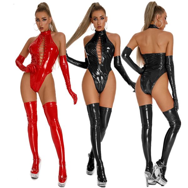 Sexy Women Women Lace Sexy Up Lingerie Bodysuit Pu couro Mock pescoço traje de zíper brilhante Catsuit para pólo de clube dança de traje de pesca 230817