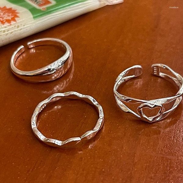 Küme halkaları gerçek 925 sterlli gümüş basit dalga ark kalp açık istiflenebilir parmak yüzüğü kadınlar için ince mücevher