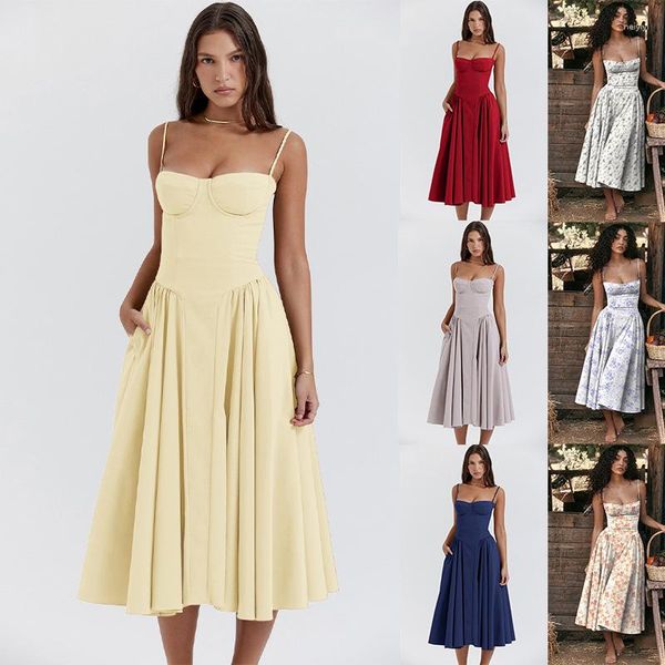 Lässige Kleider Frauen Gurt ärmellose feste Farbe elegante niedrige Brust sexy Party Frühling Sommer lang ein Linienkleid