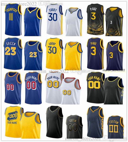 Maglie da basket stampate Stephen 30 Curry Klay 11 Thompson Chris Paul Andrew 22 Wiggins Draymond 23 Green Jonathan Kuminga Moses Moody Kevon Looney Uomo Donna Gioventù