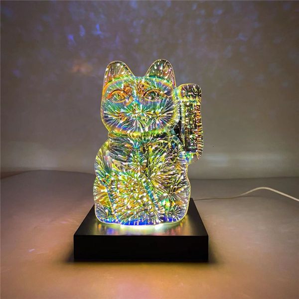 Dekoratif Nesneler Figürinler 3D Havai Fişek Kedi Led Gece Işık Odası Atmosfer Masaüstü Dekorasyon Lambası RGB Projektör Romantik Masa Yatak Odası Dekor 230816